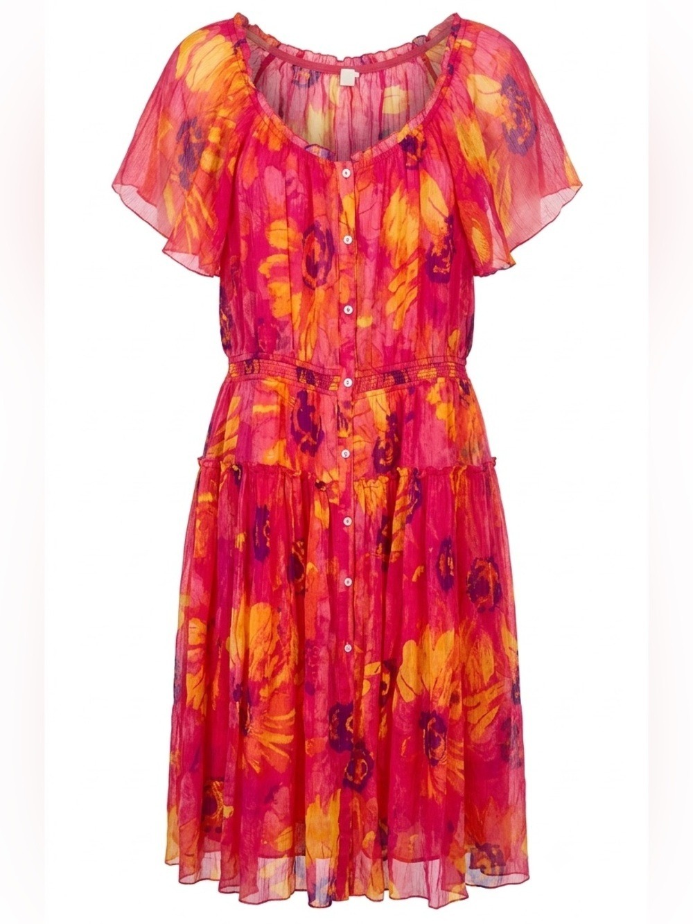 Sundance Pink and Yellow Floral Midi Dress Ruffle Sleeves Large